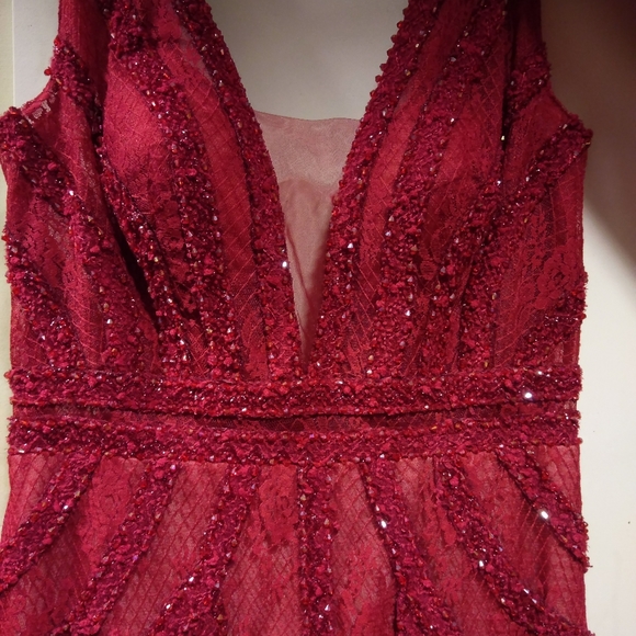 Custom handmade red lace beaded mermaid gown $2500 - Picture 5 of 13